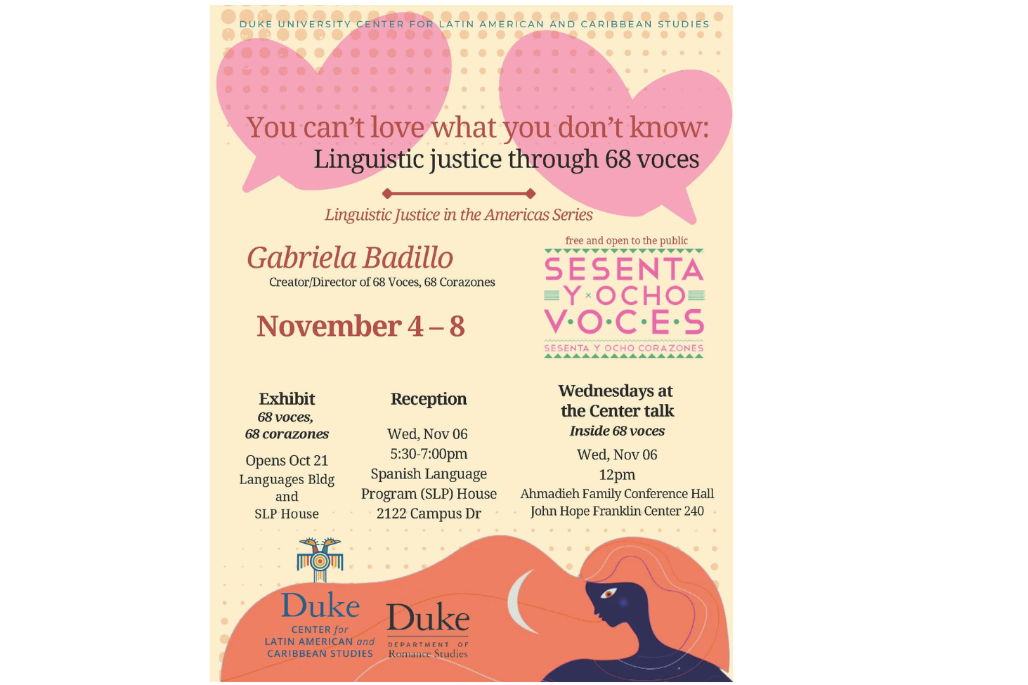 yellow and pink flyer announcing event You can't love what you don't know: Linguistic justice through 68 voces